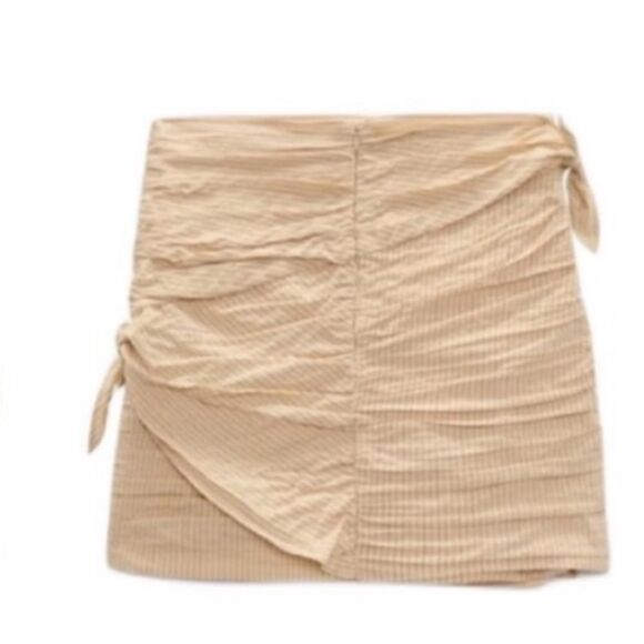 Zara tan nude linen draped summer mini skirt medium m - Picture 4 of 8
